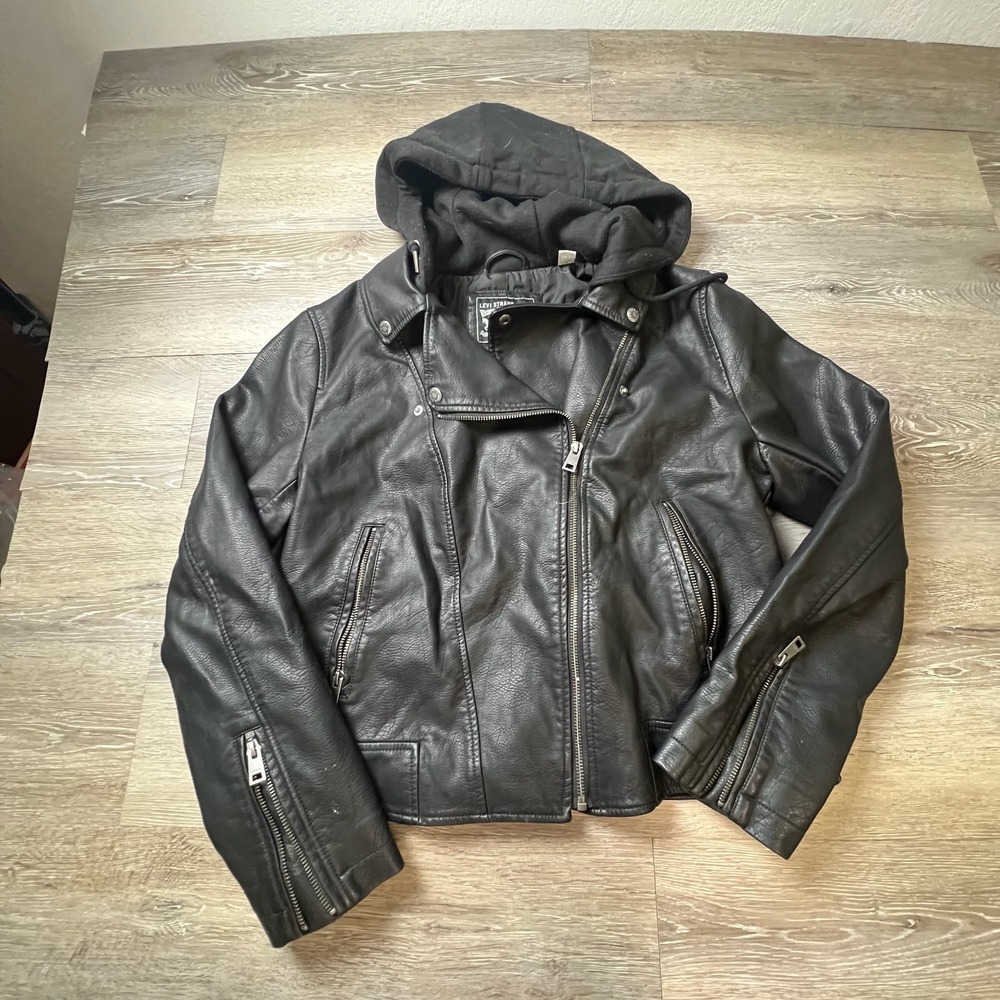 Levi Strauss Moto Jacket Womens‎ L Black Faux Leather Hooded Biker LW0RU122